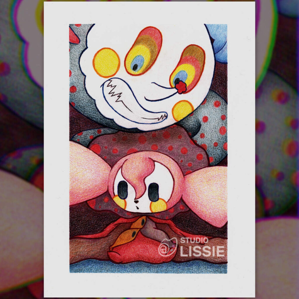 A pencil crayon drawing of Bebe from Madoka Magica in their two witch forms.