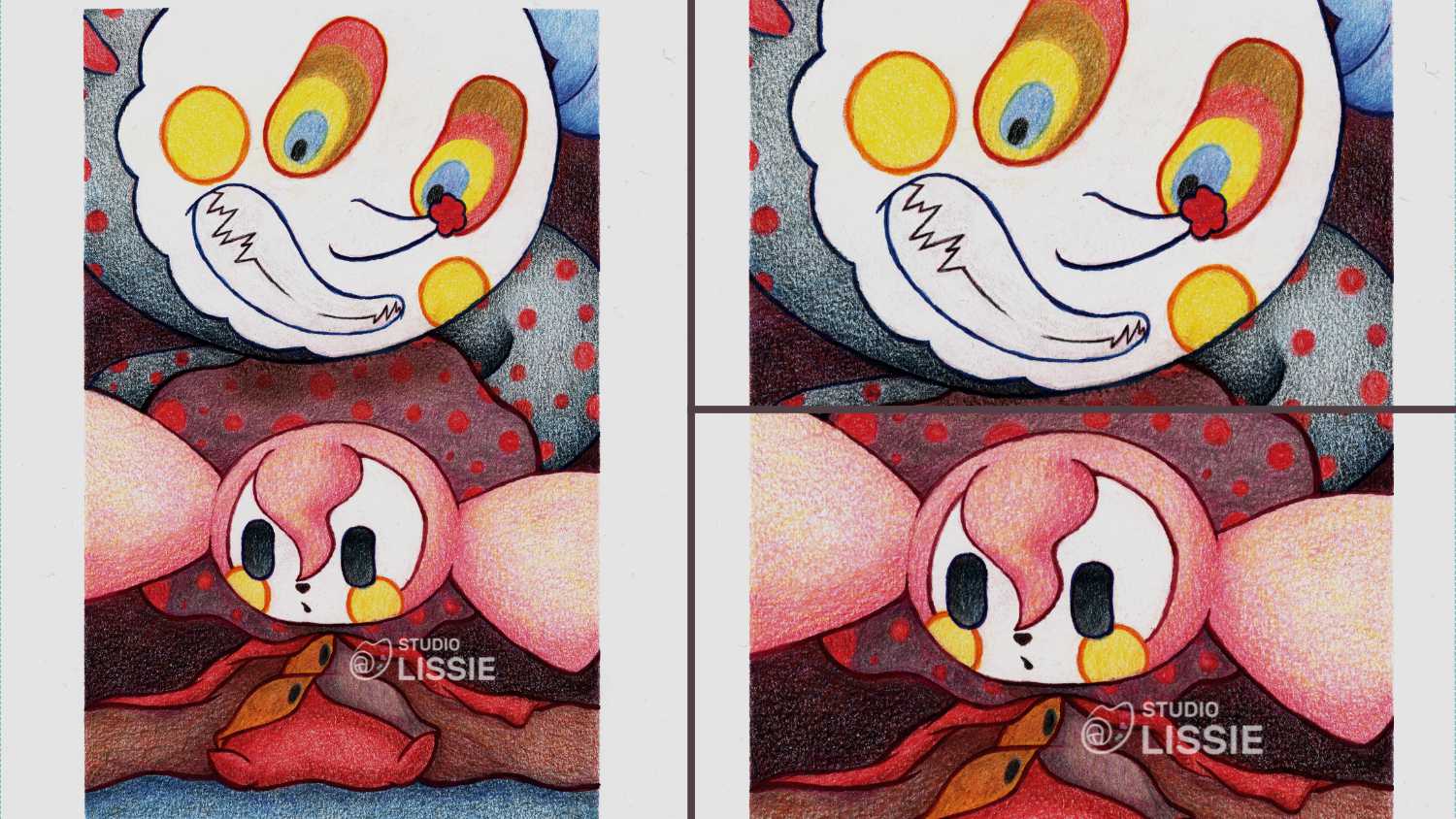 A pencil crayon drawing of Bebe from Madoka Magica in their two witch forms.